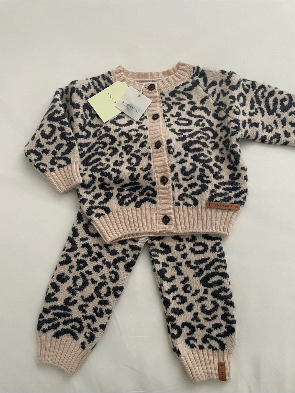 Piupichick Leopard Knit Cardigan & Jogger Set - Beige and Black